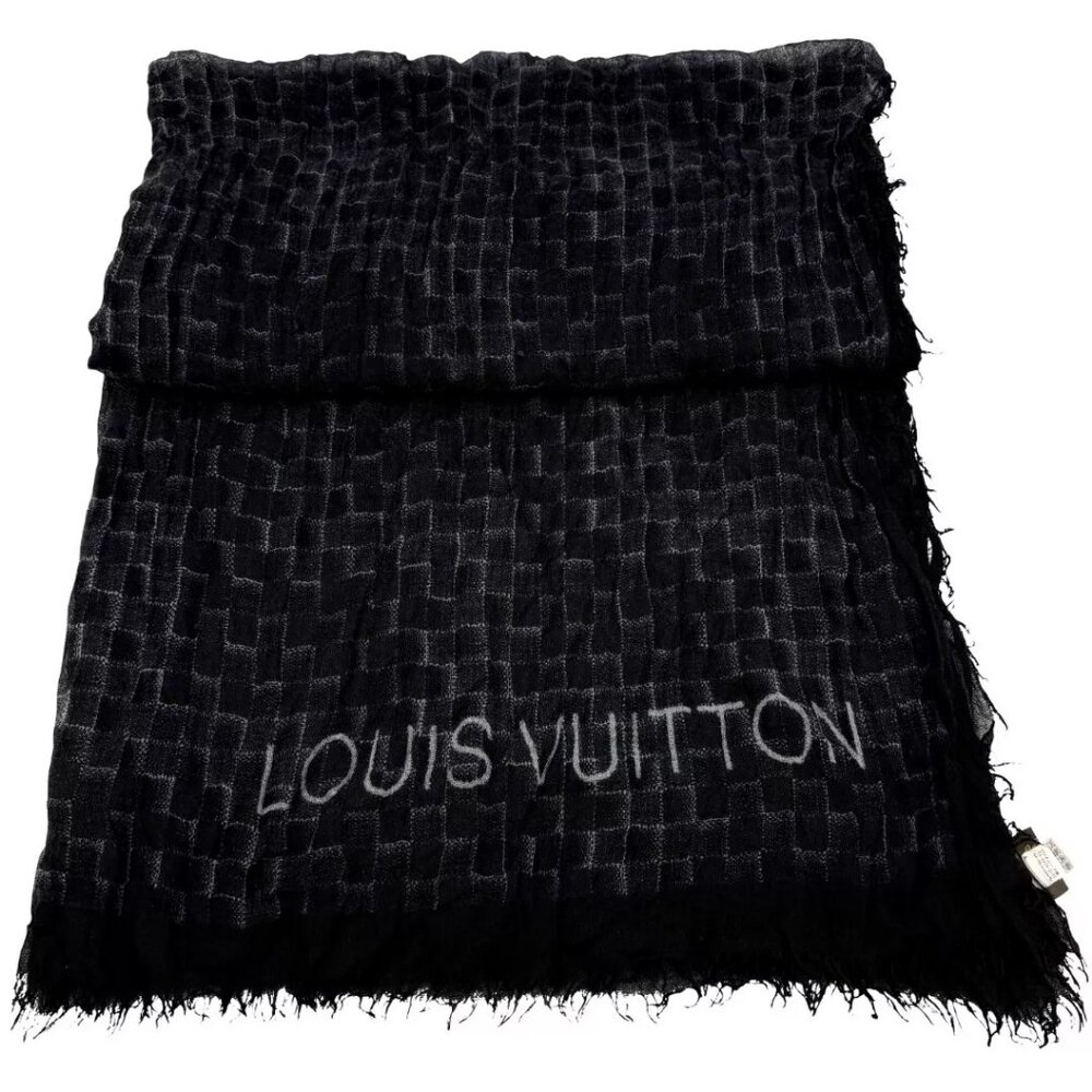 Authentic LOUIS VUITTON Large Scarf Damier Pattern Black Cashmere - Picture 12 of 16